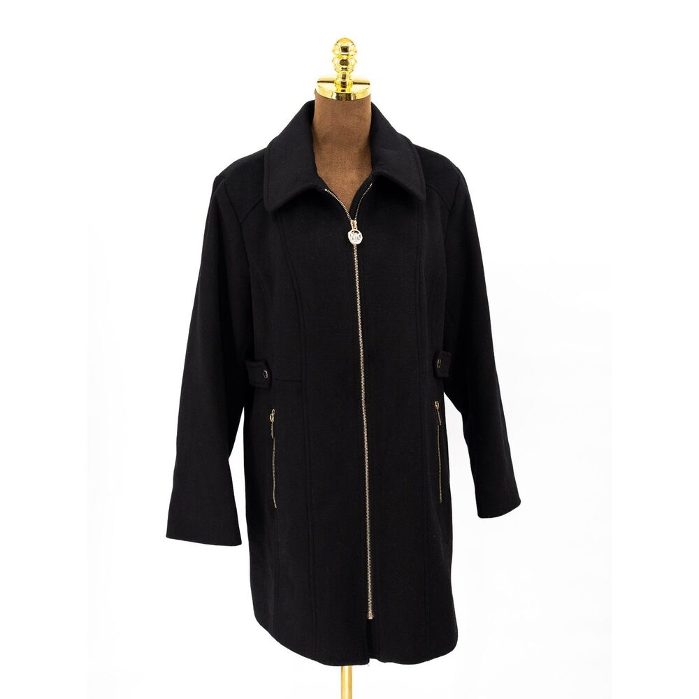 Michael Kors Womens Petite XL Wool Coat Black Mid Length Zip Up Jacket Pockets